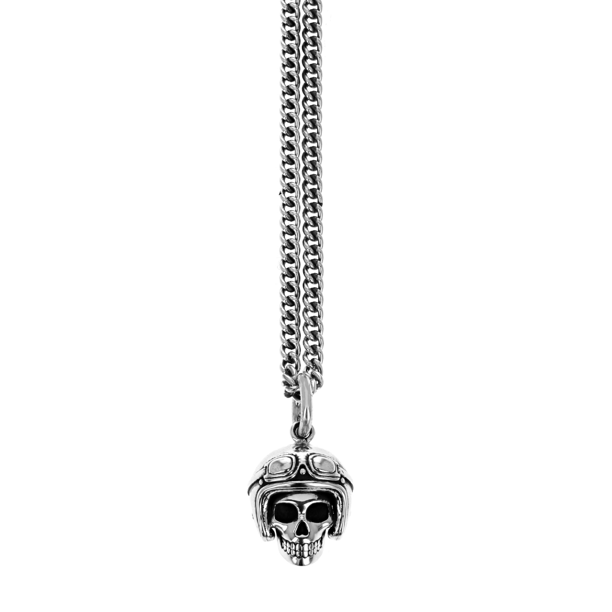 Product shot of skull pendant with biker helmet on