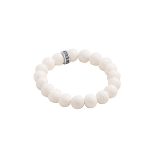 10mm White Coral Beaded Bracelet w/ Logo Ring on white background