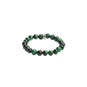 10mm Green Tiger Eye Beaded Bracelet w/ Logo Ring on white background with silver logo ring in back