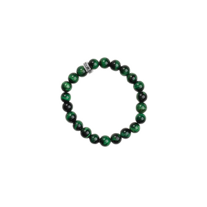 10mm Green Tiger Eye Beaded Bracelet w/ Logo Ring on white background with overhead view