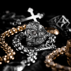 Lifestyle shot of Skull Ring with Chosen Cross Detail Diamond Eyes