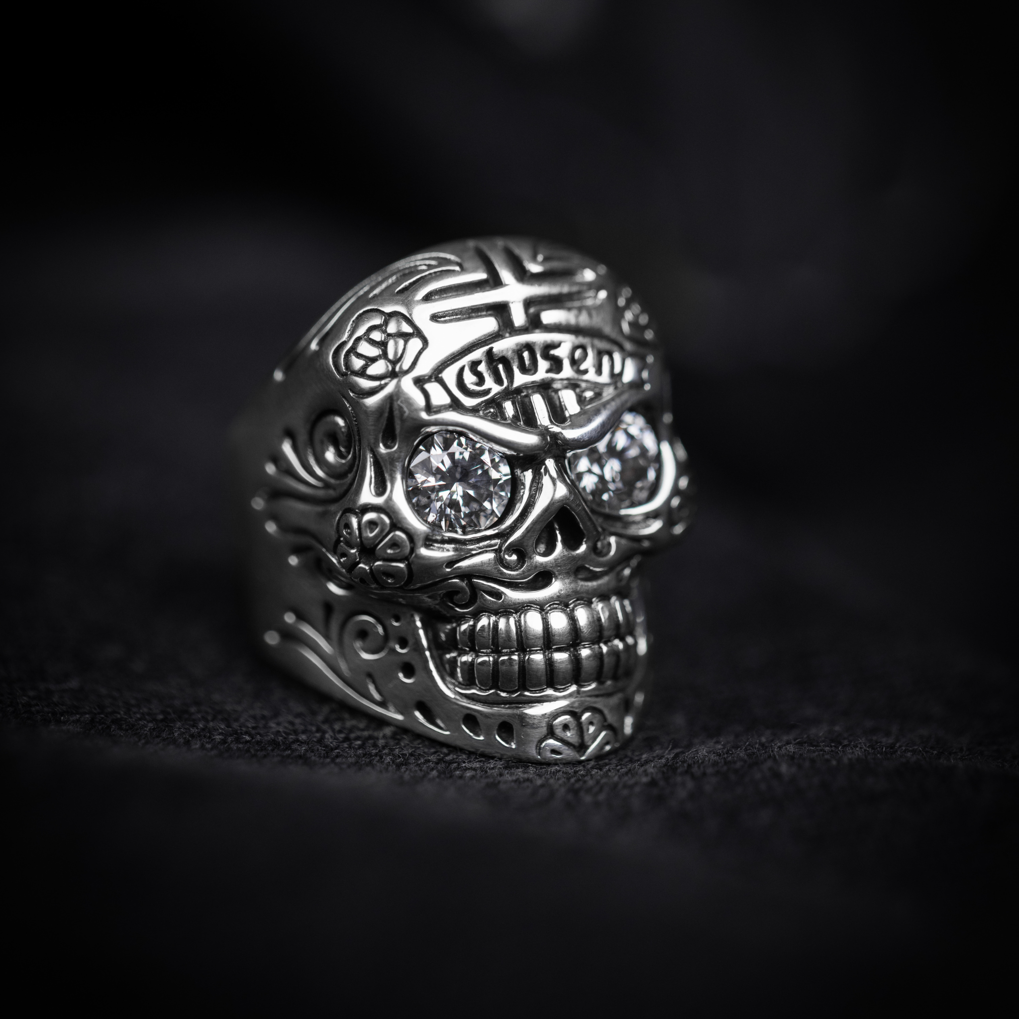 Lifestyle shot of Skull Ring with Chosen Cross Detail Diamond Eyes