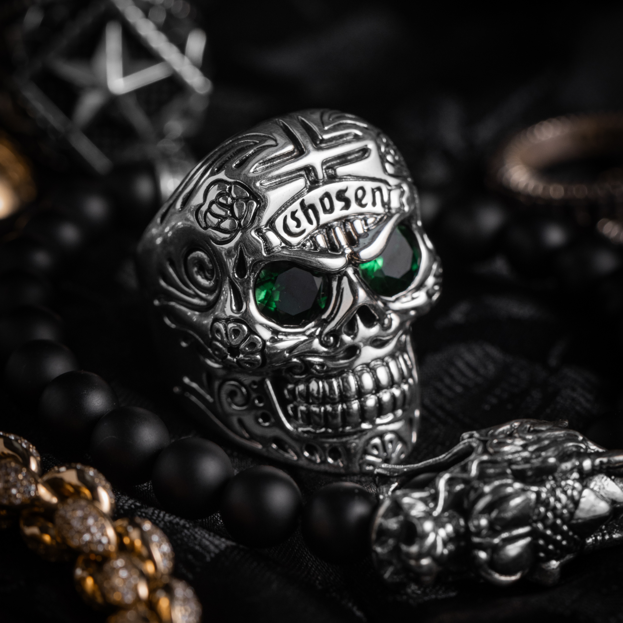 Large Skull Ring with Chosen Cross Detail and Green Emerald Eyes lifestyle shot 