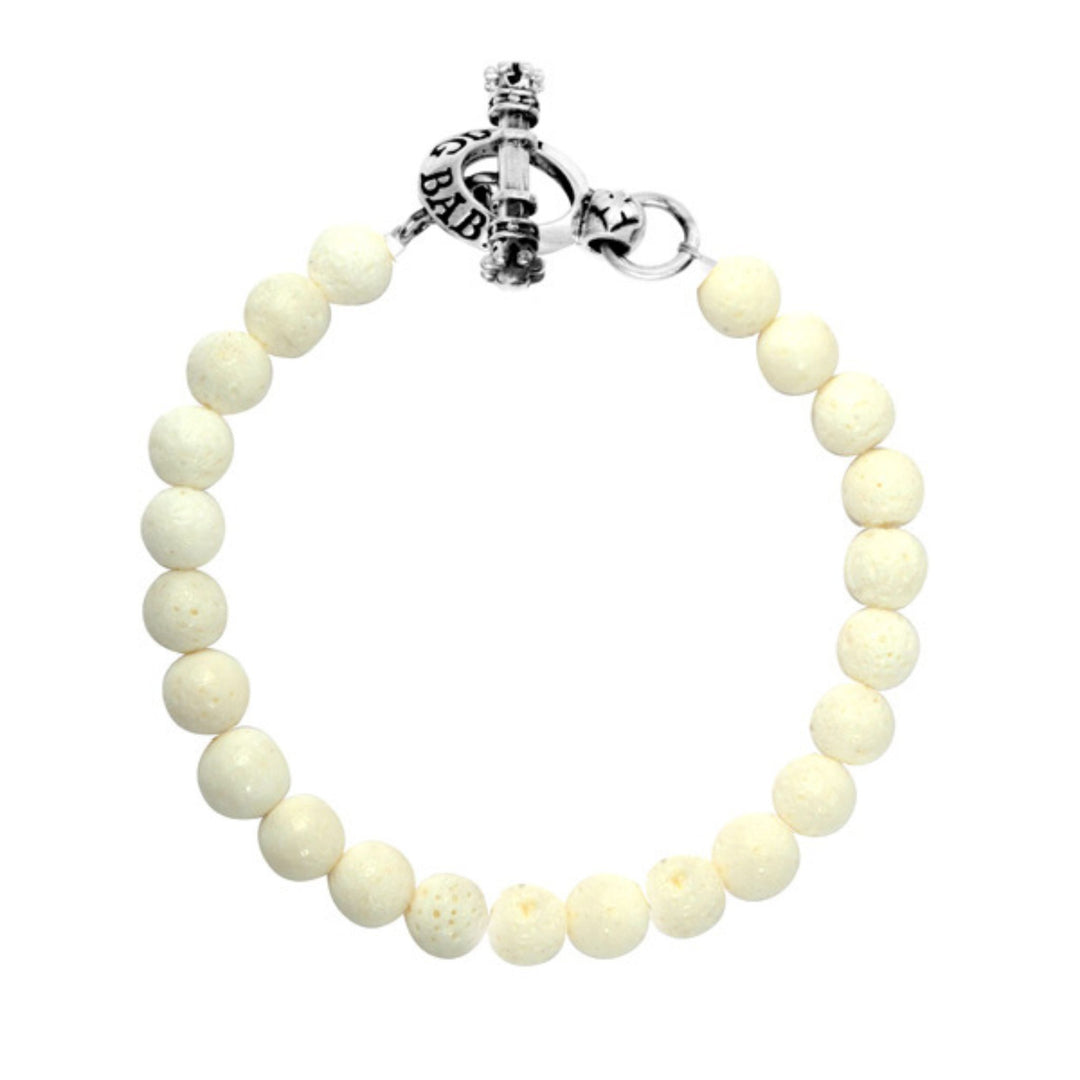 8mm White Coral Bead Bracelet with silver toggle clasp