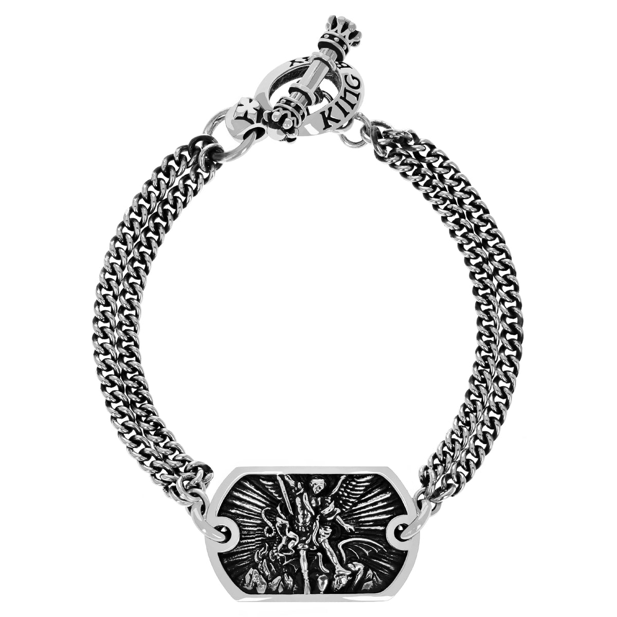 Saint Michael Double Curb link Chain Bracelet w/ T-Bar and Toggle