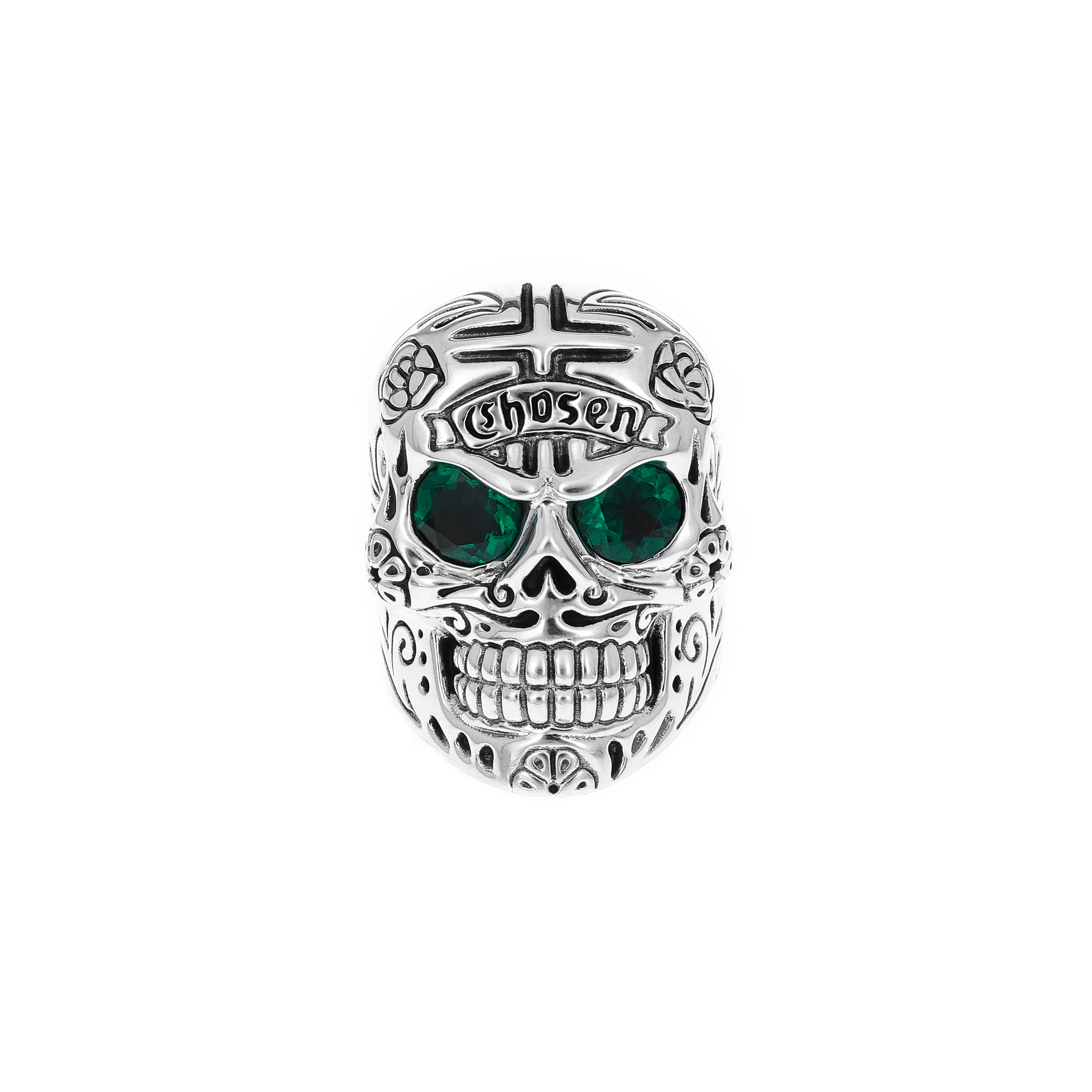 Large Skull Ring with Chosen Cross Detail and Green Emerald Eyes on white background