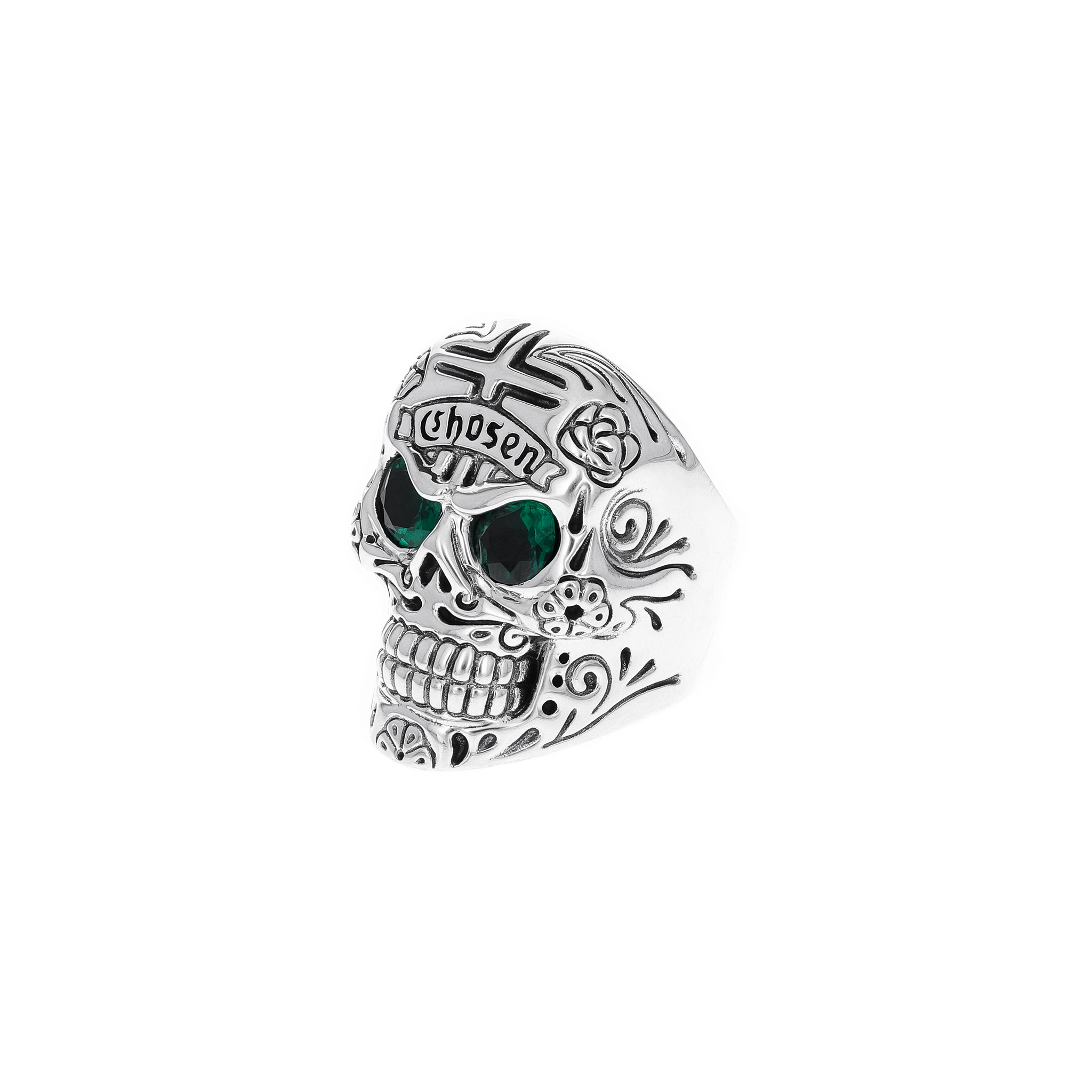 Large Skull Ring with Chosen Cross Detail and Green Emerald Eyes 3/4 view on white background