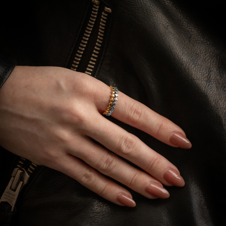 10K Gold & Silver Super Micro MB Cross Stackable Rings on Models Hand