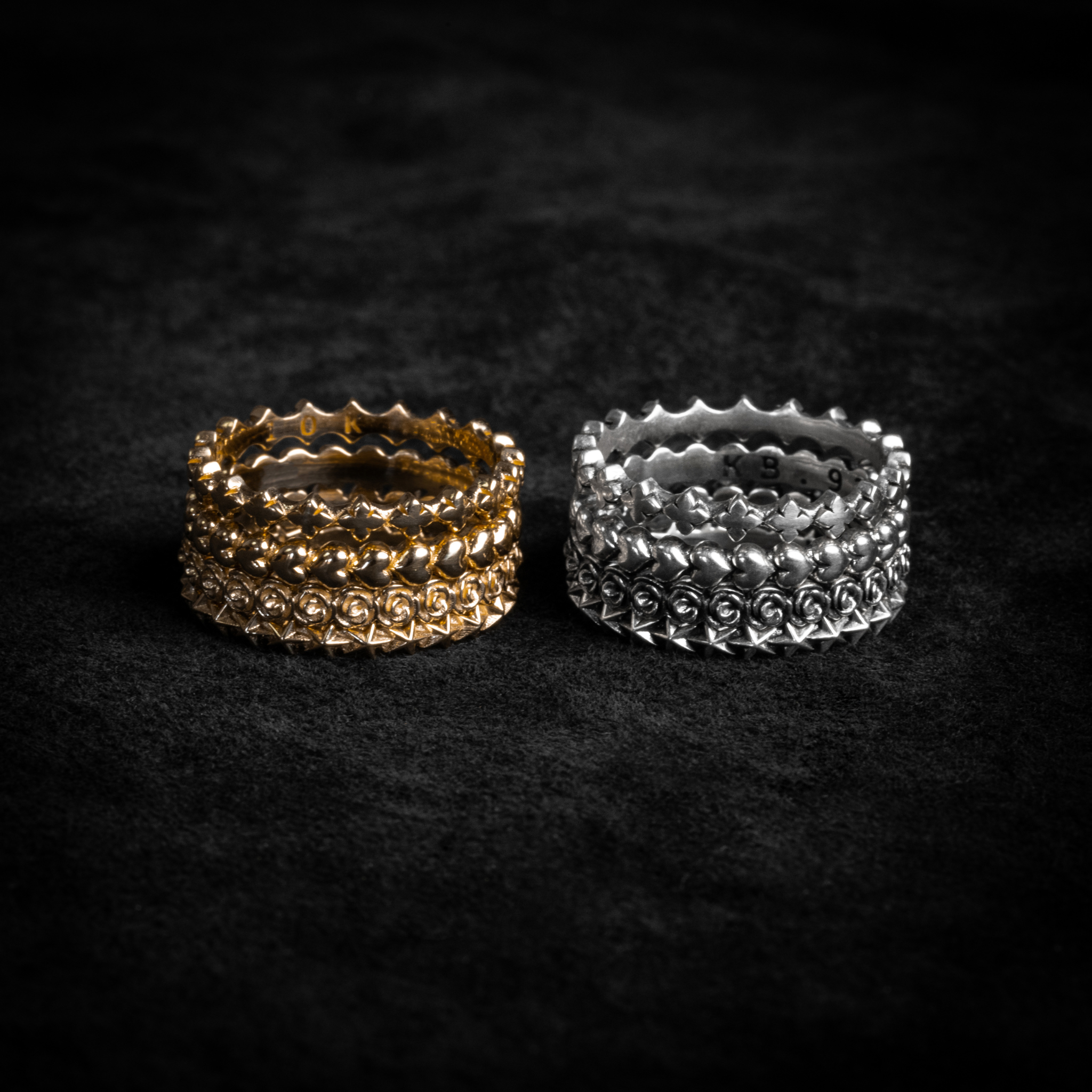 Micro Gold and Silver Stackable Rings Tower Stacked side by side
