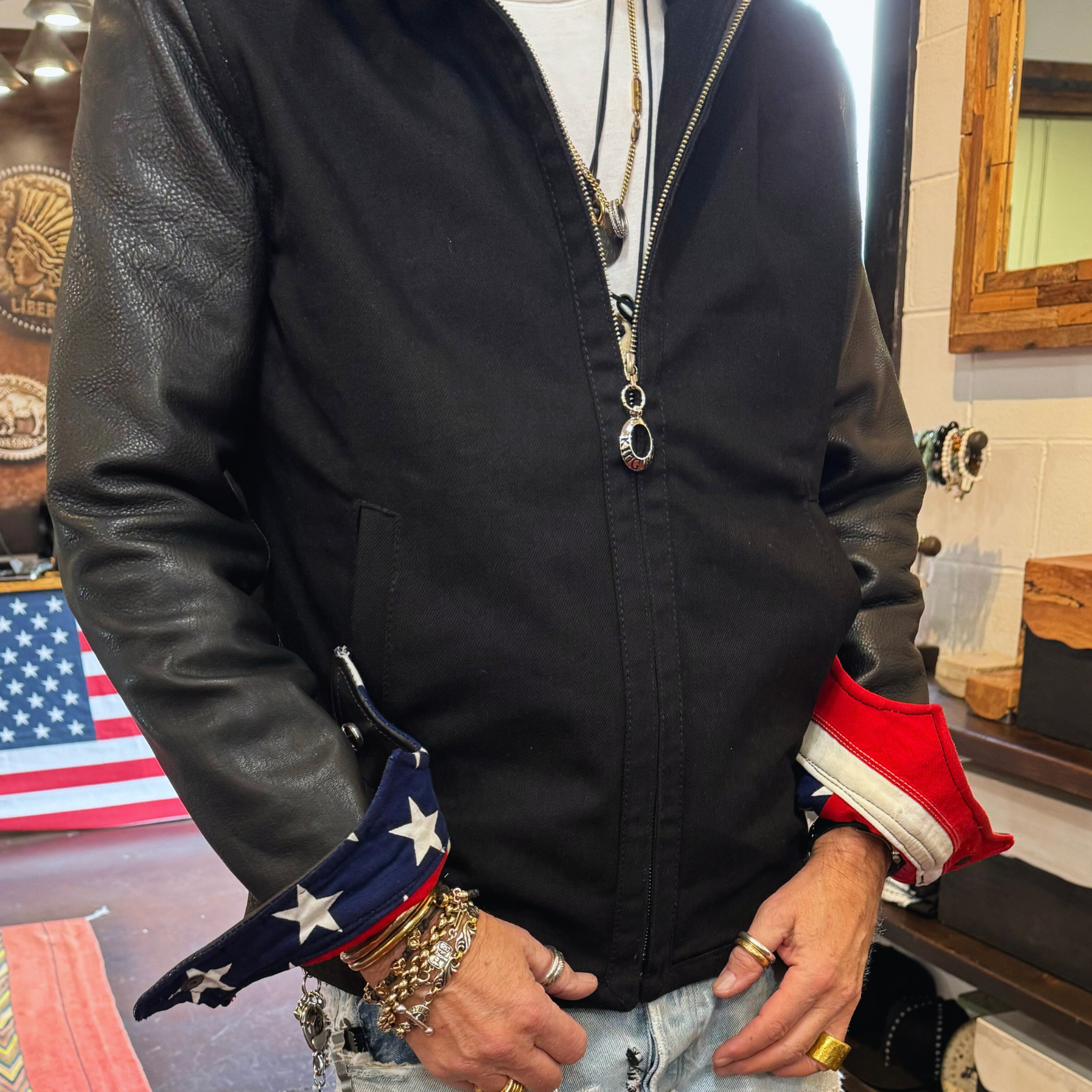 Denim Jacket w/ Leather Sleeves Flag Lined Custom Cuff on designer Mitchell