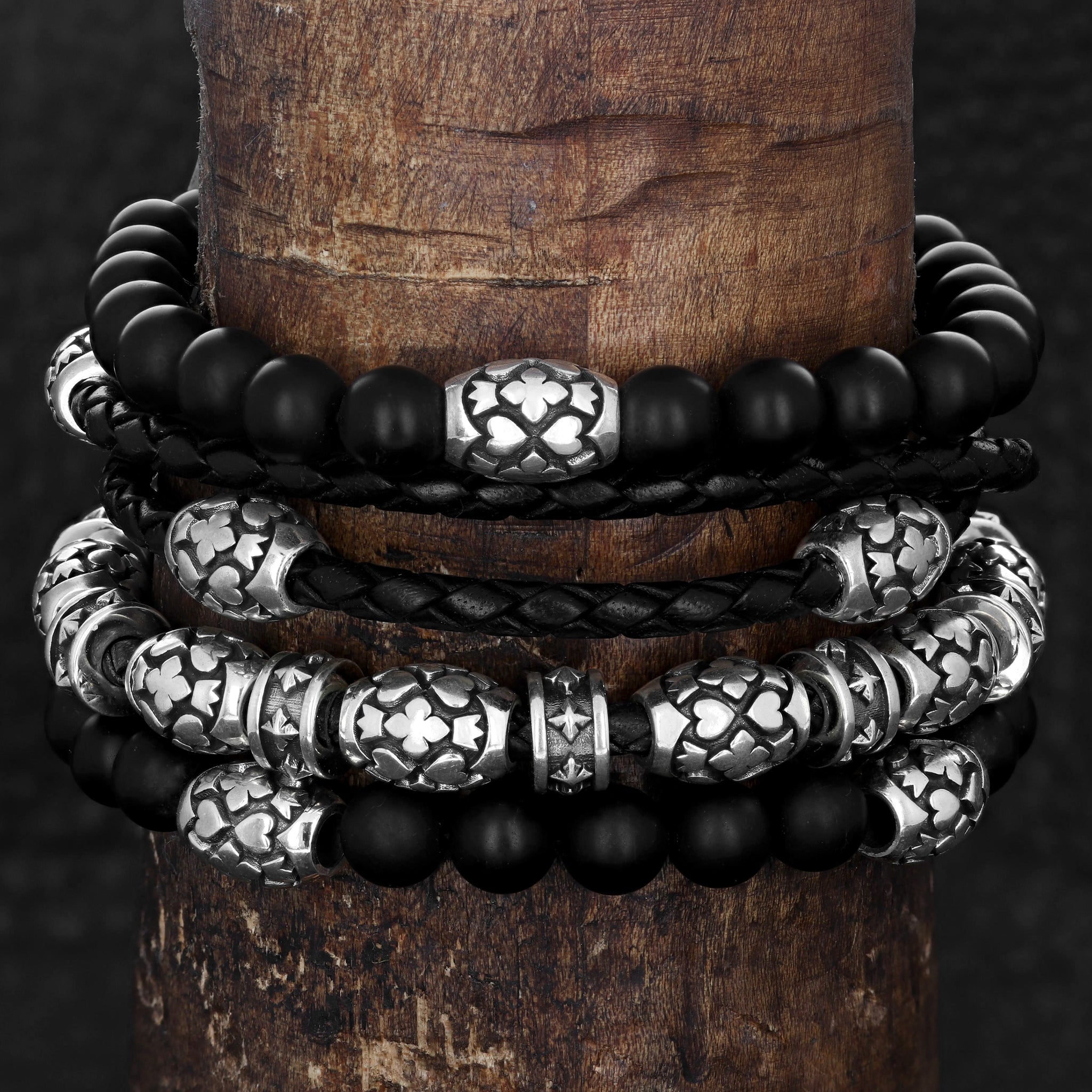 Double Wrapped Leather Bracelet with Motif Barrel Beads
