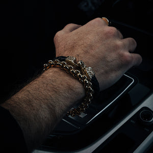 10k Gold Large Infinity Link Bracelet on model with 10K dragon bracelet