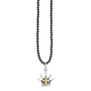 Crown Pendant W/ Gold Alloy MB Cross On 3mm Onyx Beaded Necklace