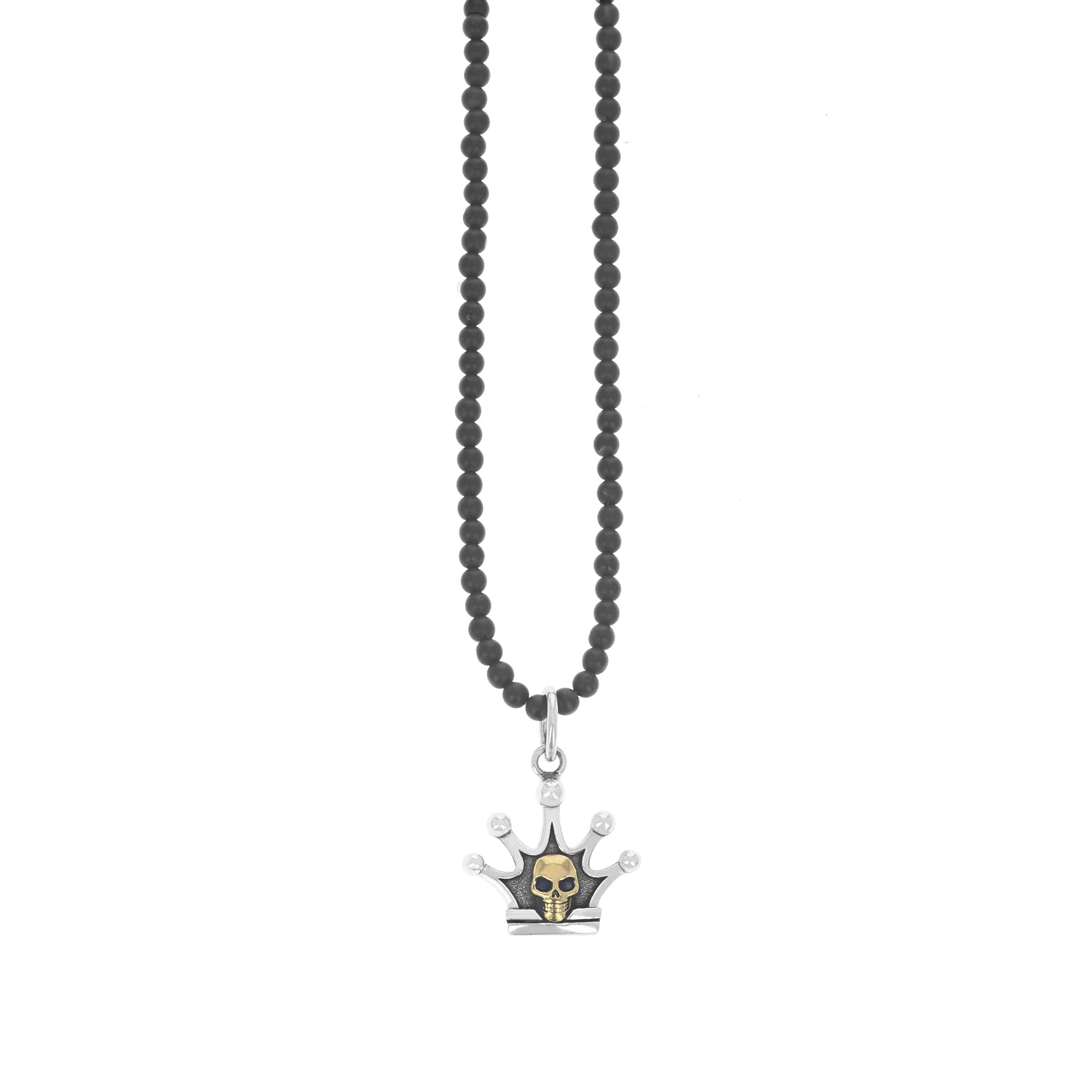 Crown Pendant W/ Gold Alloy Skull On 3mm Onyx Beaded Necklace