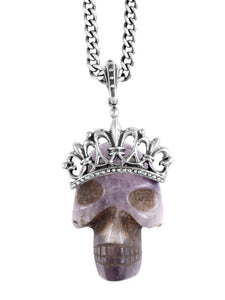 Large Quartz Primitive Crowned Skull Pendant on 24 in. Curb link Chain