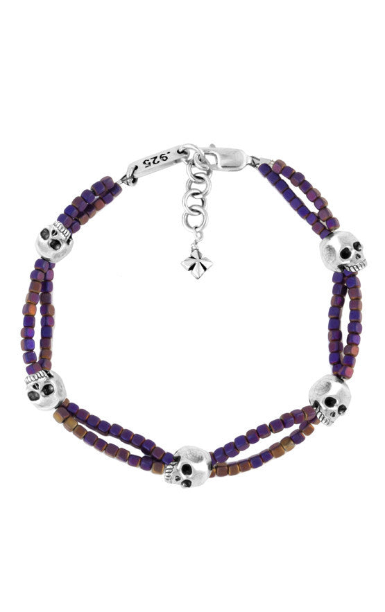 Purple Square Hematite Double Strand Bracelet w/ Skulls
