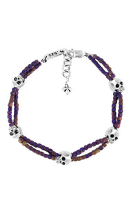 Purple Square Hematite Double Strand Bracelet w/ Skulls