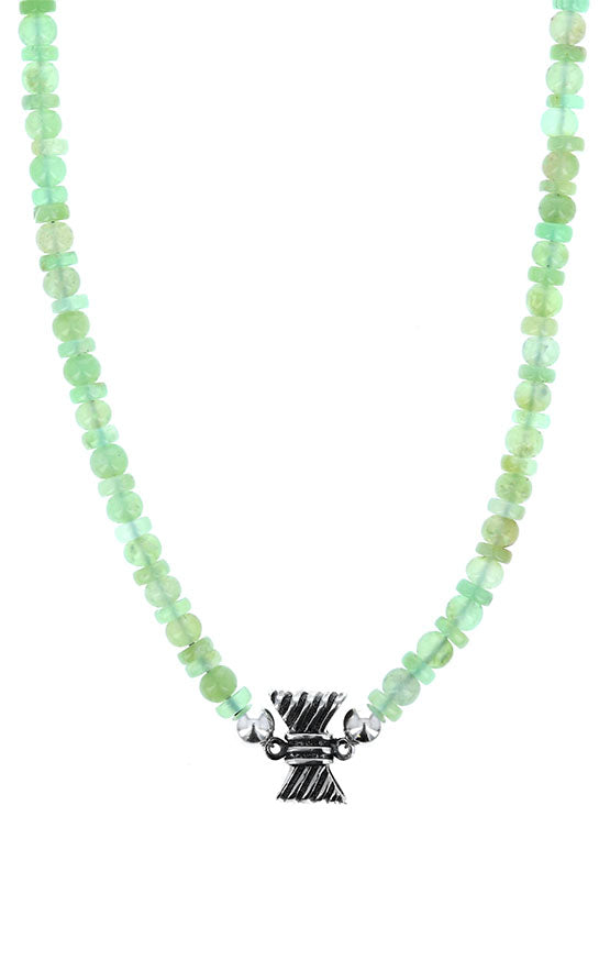Chrysoprase Necklace with Silver Ribbed Bow