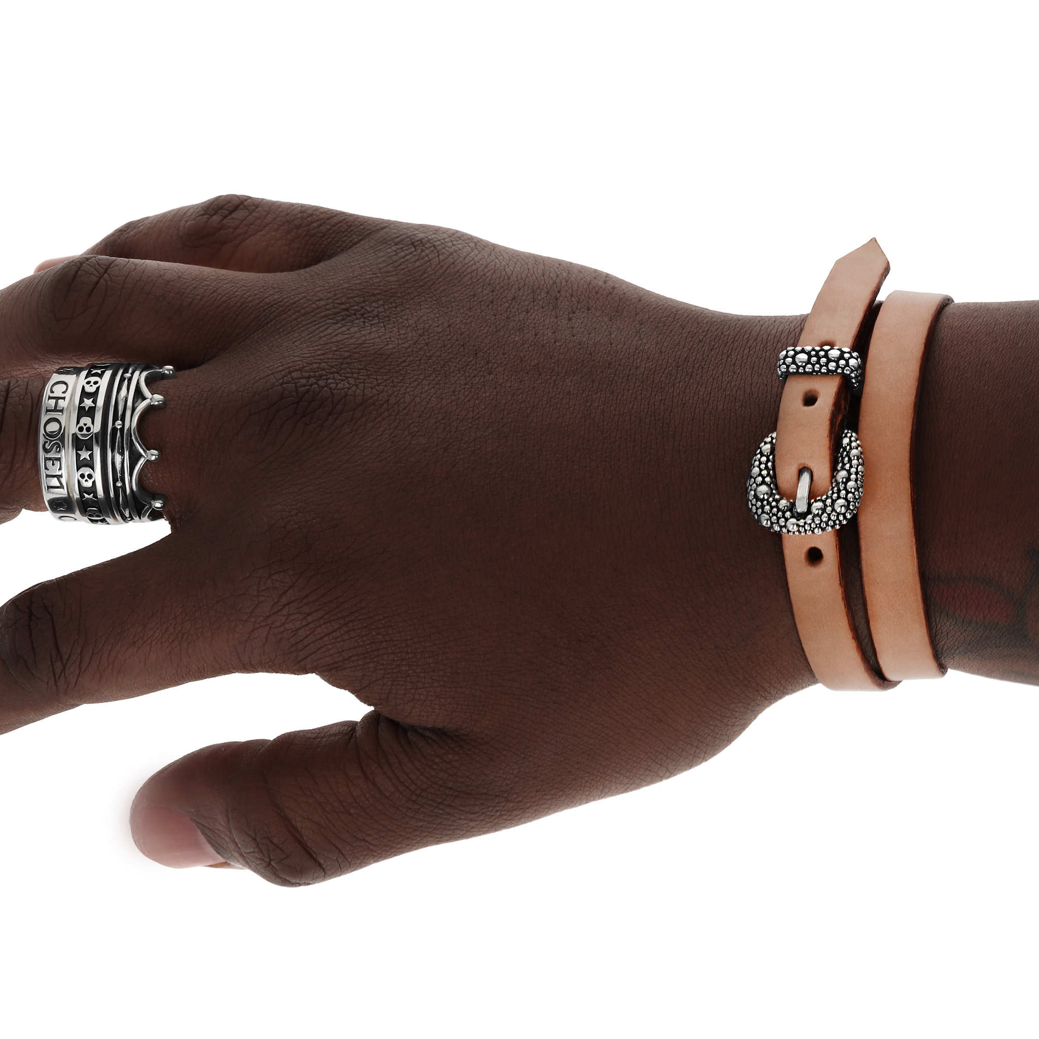 Brown Double Wrap Leather Bracelet with Stingray Buckle on model's wrist
