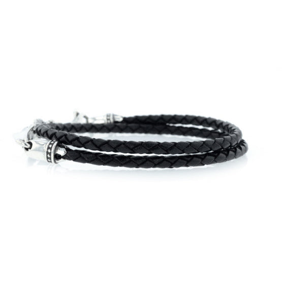 Men's Braided Black Leather Double-Wrap Bracelet