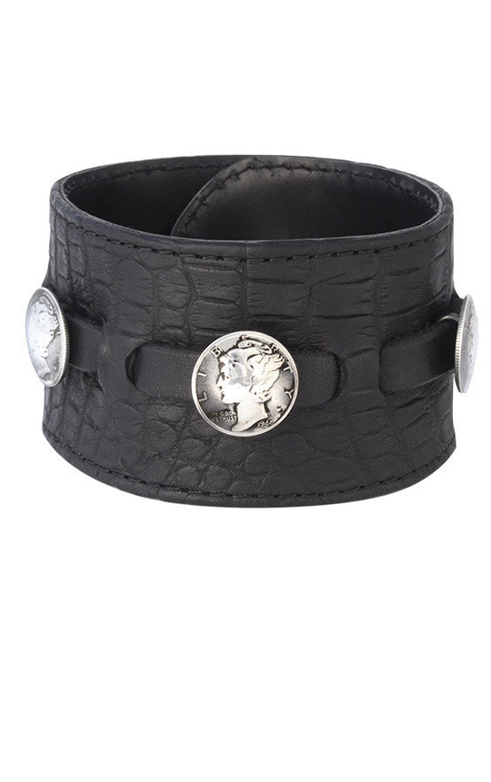 Matte Gator Leather Cuff With Three Dime Coins
