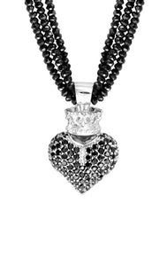 Black Spinel Necklace w/Large 3D Black Pave CZ Crowned Heart