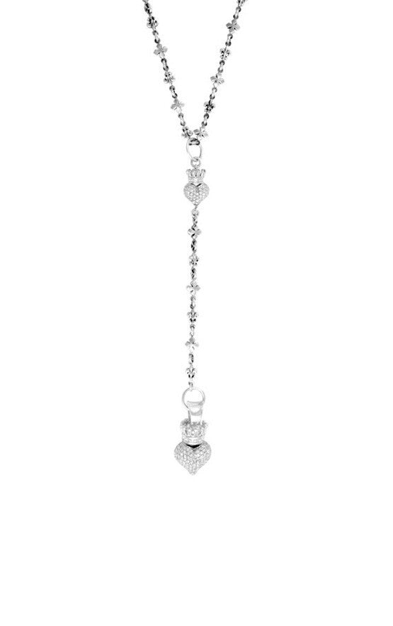 MB Cross Fleur De Lis Rosary w/3D CZ Pave Crowned Hearts