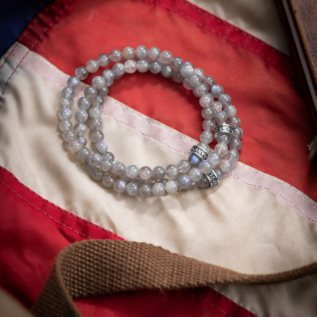 3 of 6mm Labradorite Plain Beaded Bracelet w/ Logo Ring on flag top