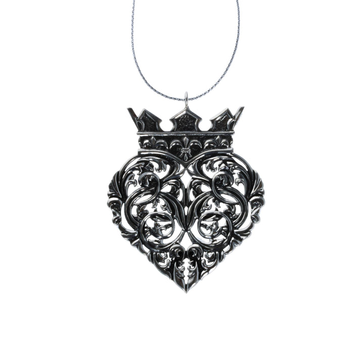 Crowned Heart Ornament on white background with silver cord