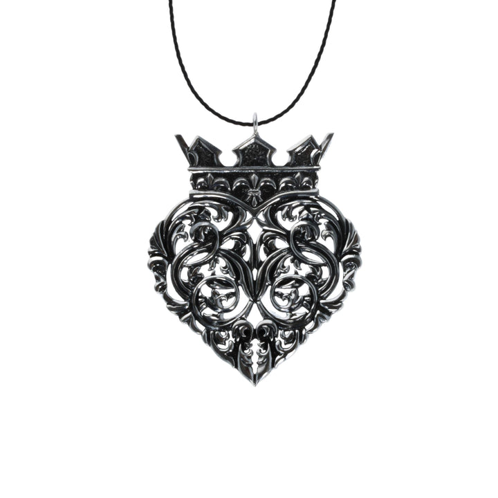 Crowned Heart Ornament on white background black cord