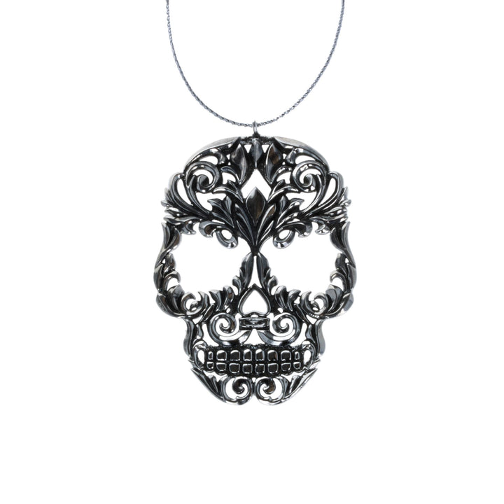 Baroque Skull Ornament on white background silver cord