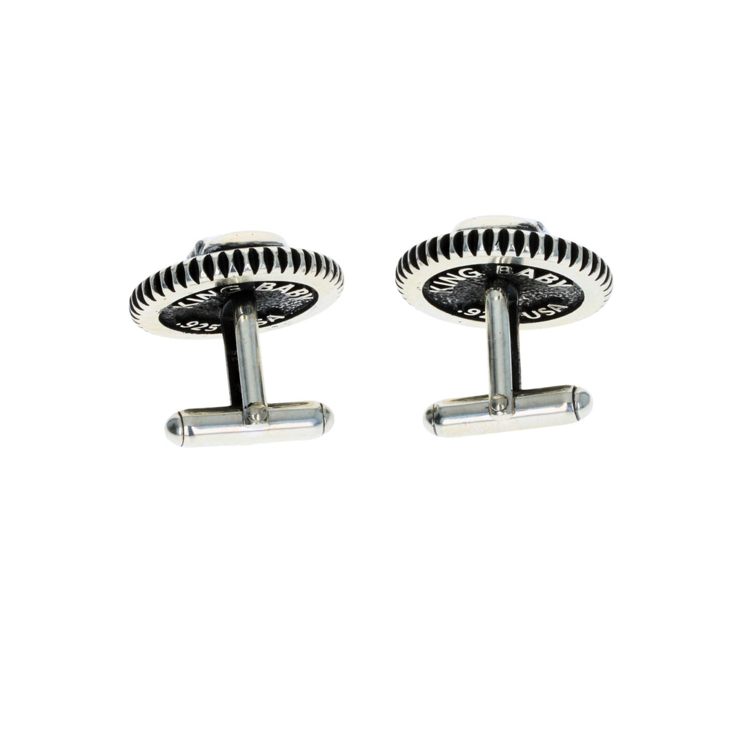 Pair of bandit cufflinks on a white background back