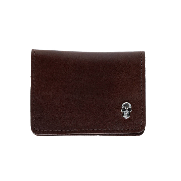 Brown Horizontal Bifold Card Holder Wallet w/ Silver Skull