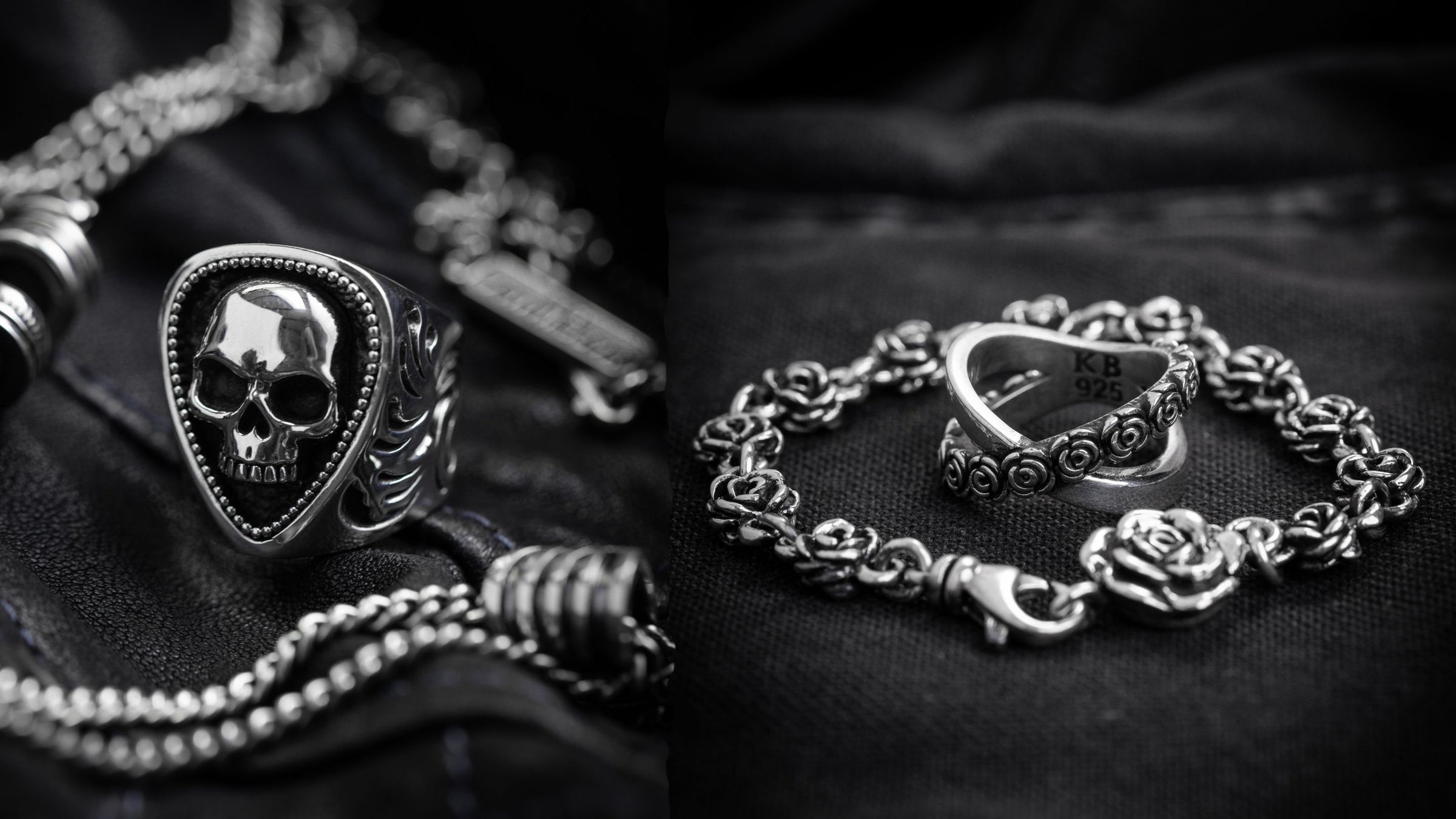 Silver jewelry including a skull-themed ring and bracelet on a dark fabric background