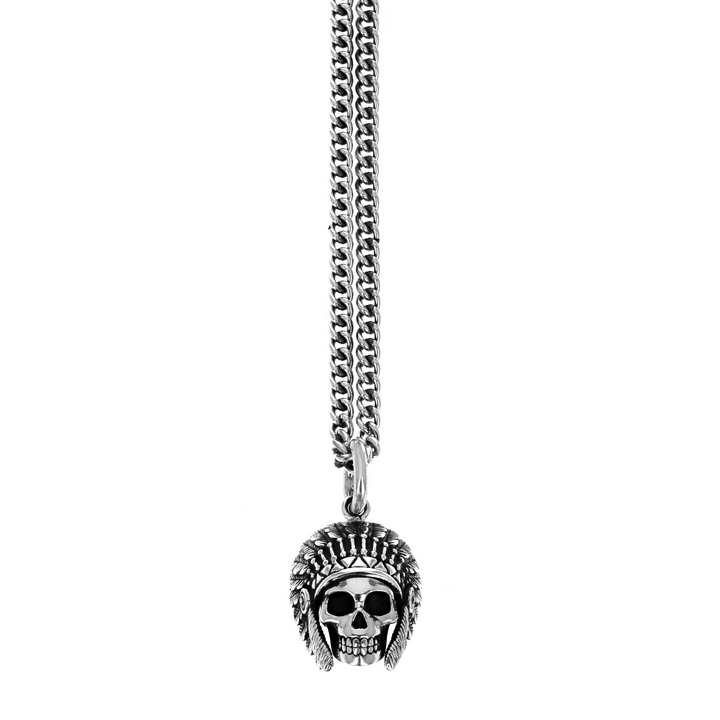 Product shot of skull pendant with feather headress on