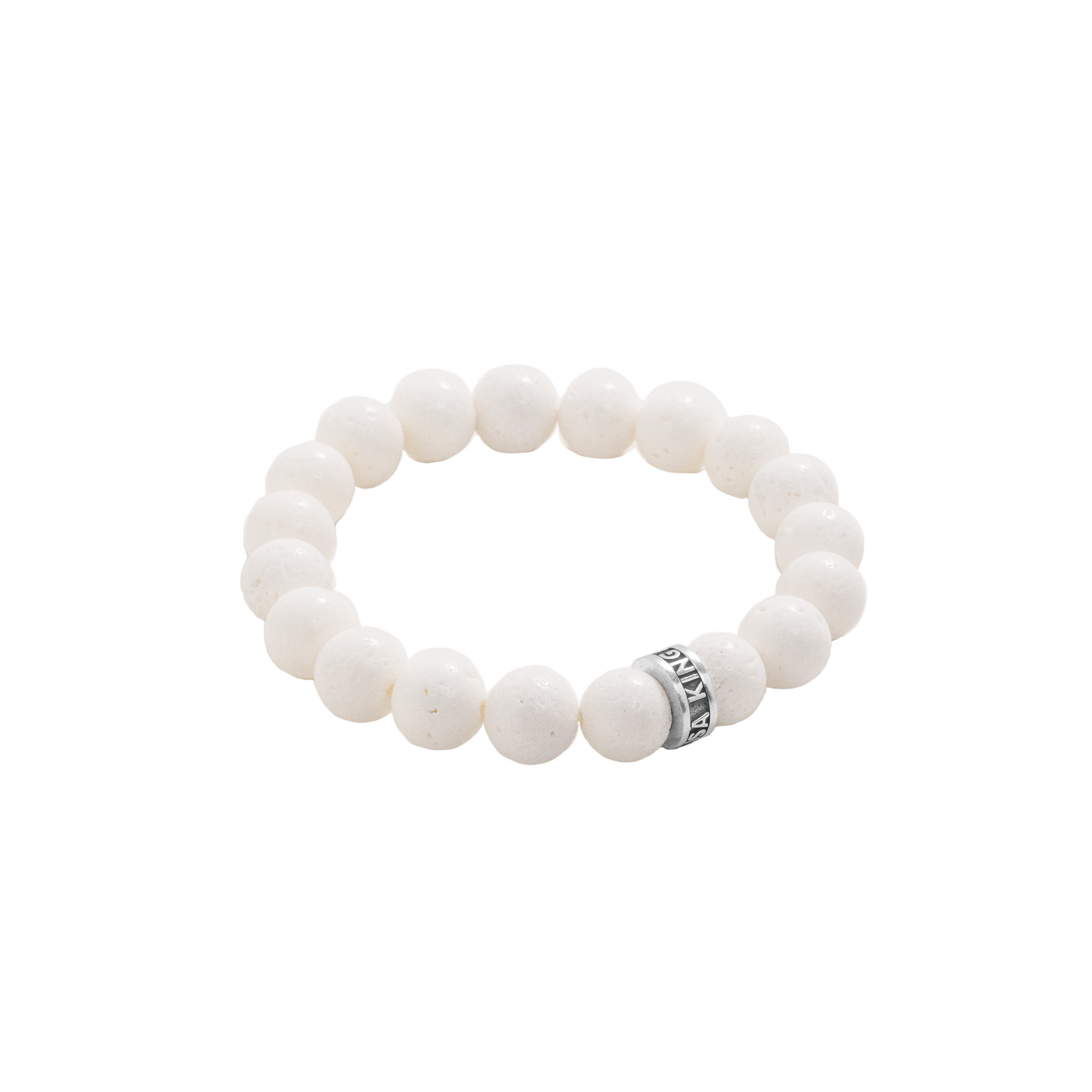 10mm White Coral Beaded Bracelet w/ Logo Ring side view