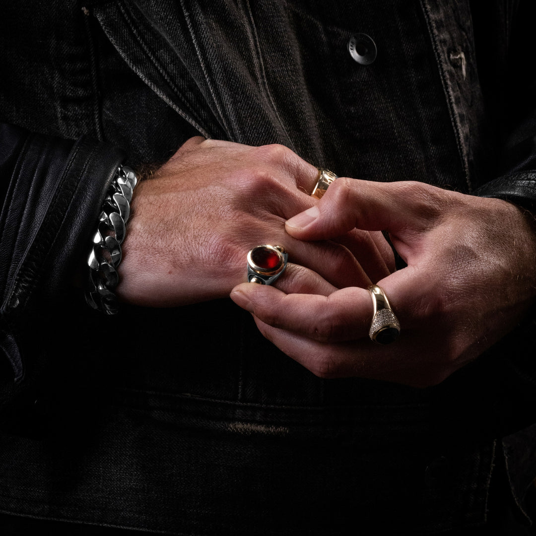 Garnet Oval Stone Ring w/ 10K Gold Skulls and Diamonds