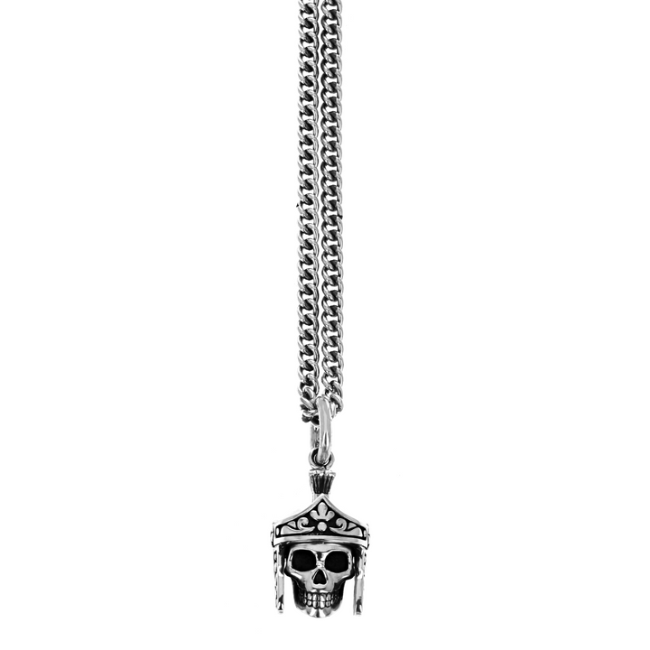 Product shot of skull pendant with gladiator helmet on