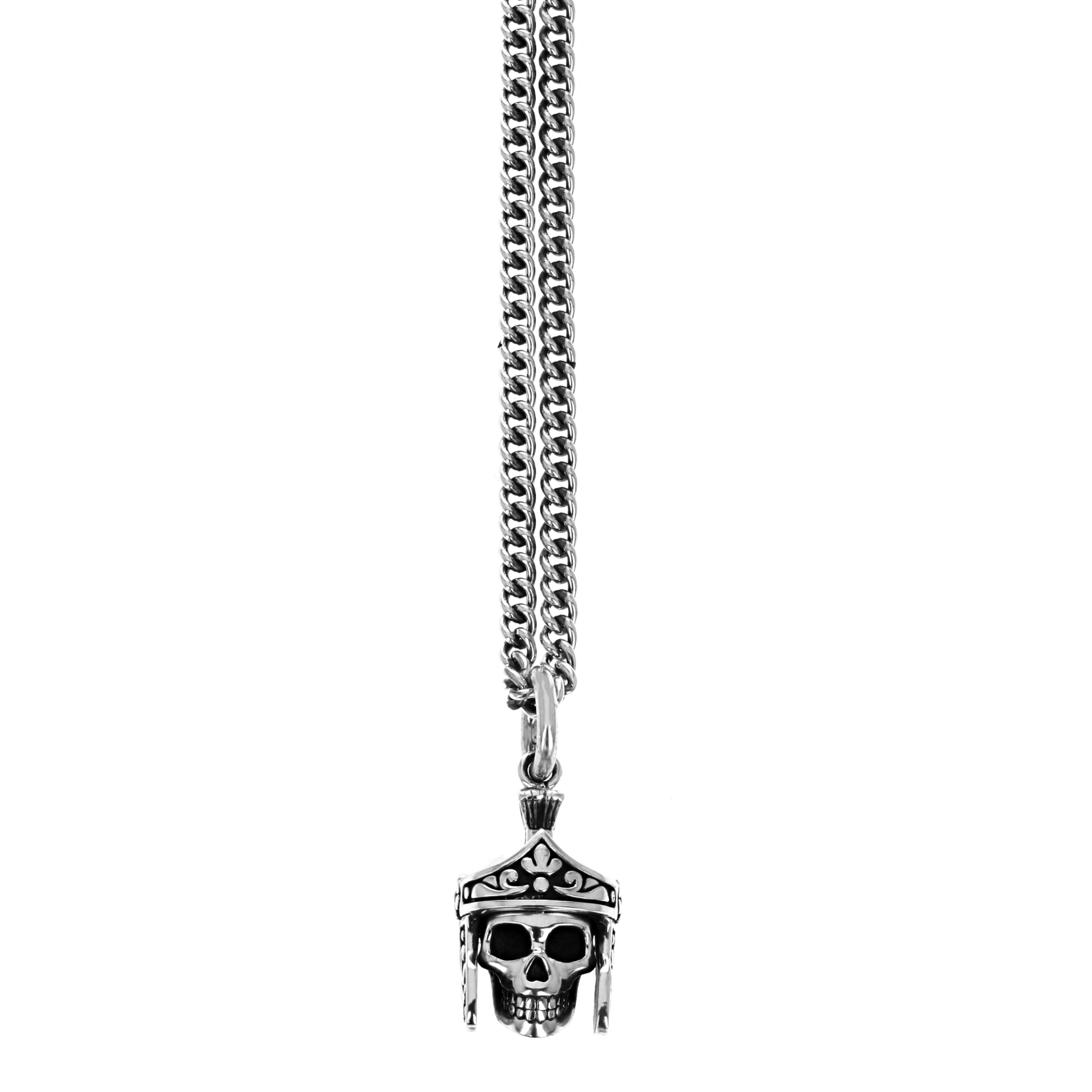 Product shot of skull pendant with gladiator helmet on