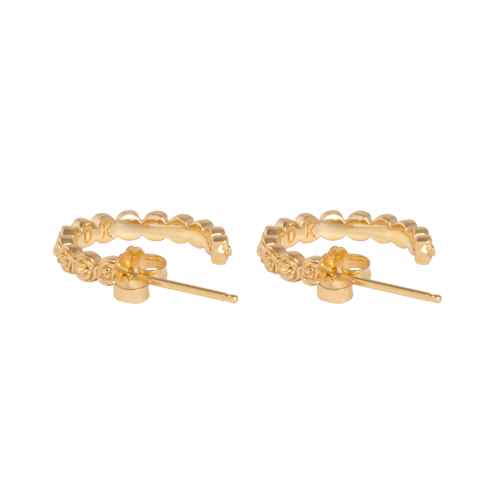 10K Gold Super Micro Rose Earrings on white background flat back