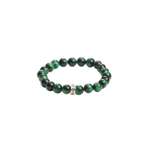 10mm Green Tiger Eye Beaded Bracelet w/ Logo Ring on white background with silver logo ring in forefront