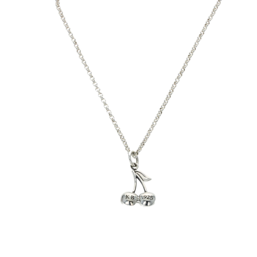 Micro Cherry Pendant on Rolo Chain on white background back