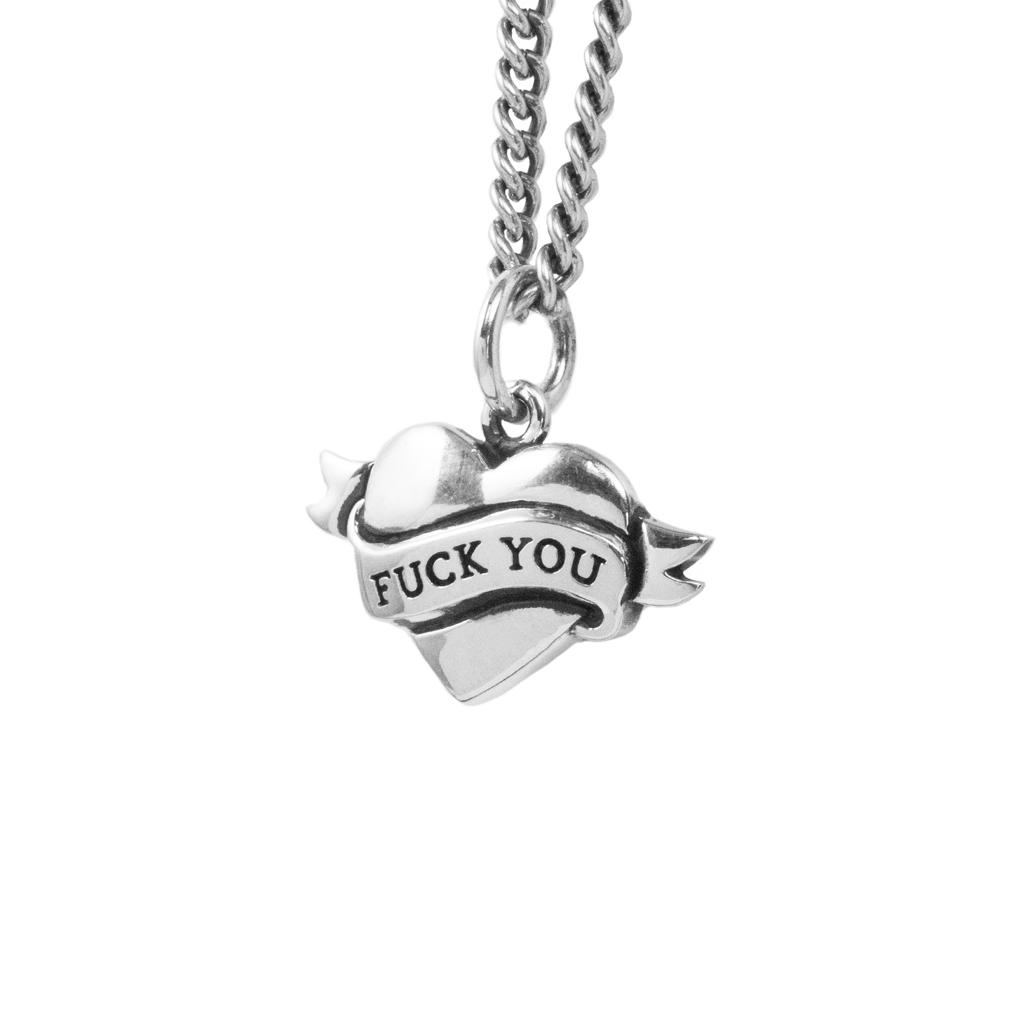 Tattoo Fuck You Heart Pendant on white background close up