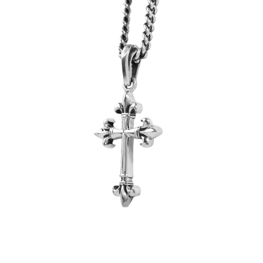 Small FDL Cross Pendant on white background 3/4 view