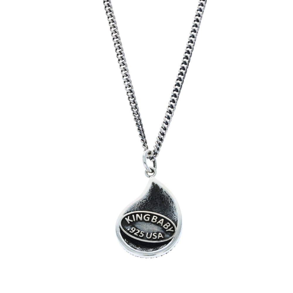 Silver necklace with a teardrop-shaped pendant on a white background