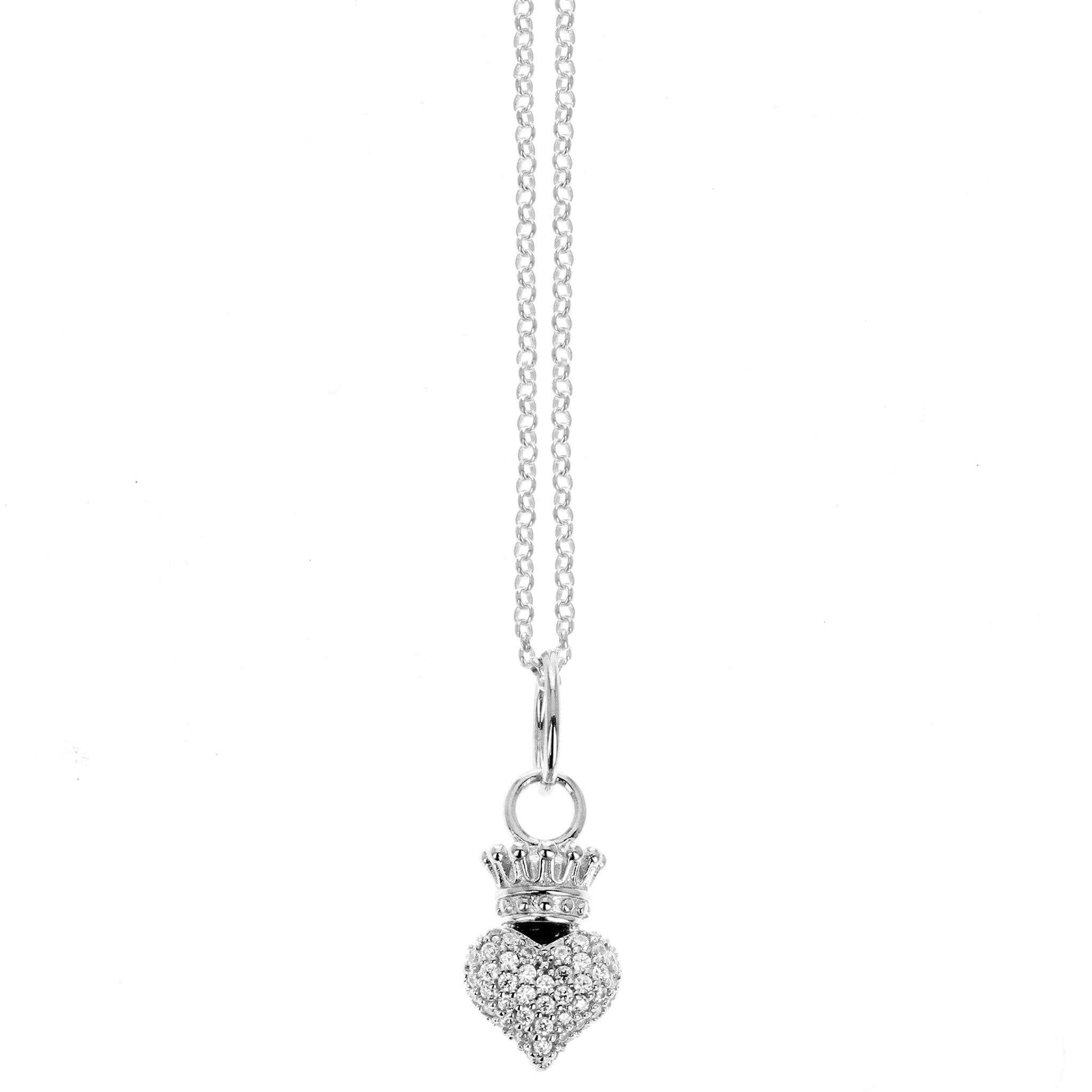 Product shot of Mini 3D CZ Pave Crowned Heart Pendant w/ Micro Rolo Chain