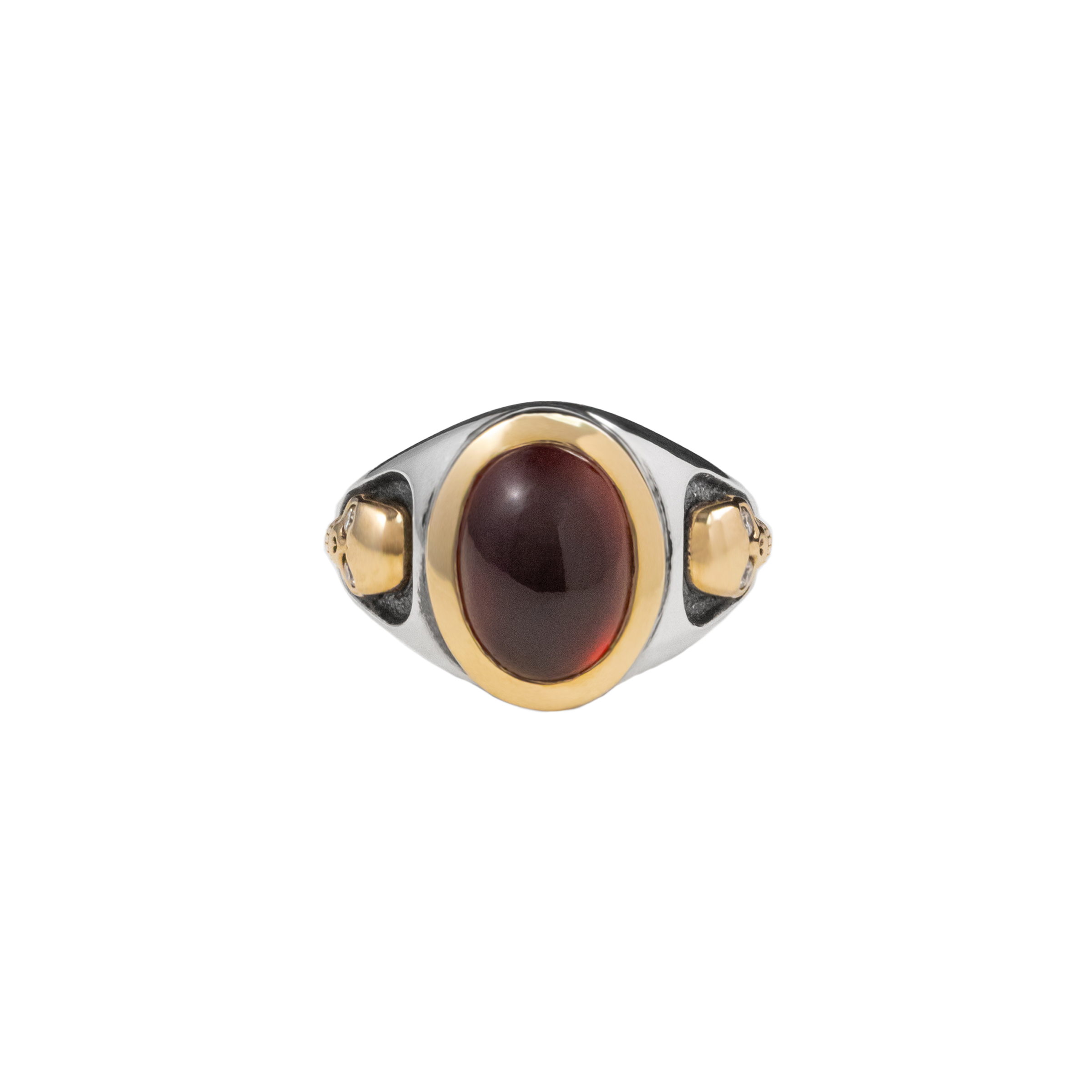 Garnet Oval Stone Ring w/ 10K Gold Skulls and Diamonds