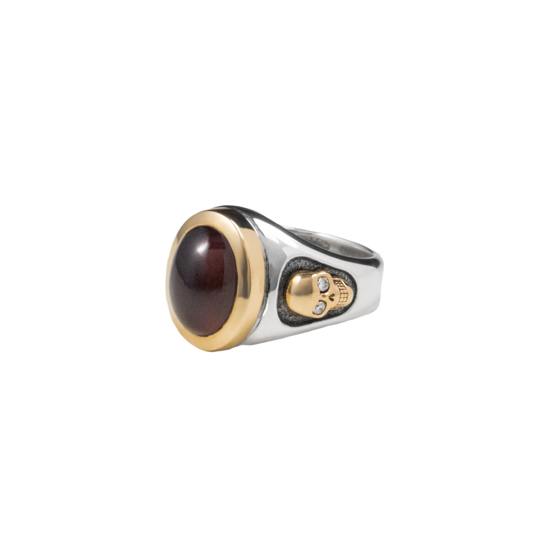 Garnet Oval Stone Ring w/ 10K Gold Skulls and Diamonds