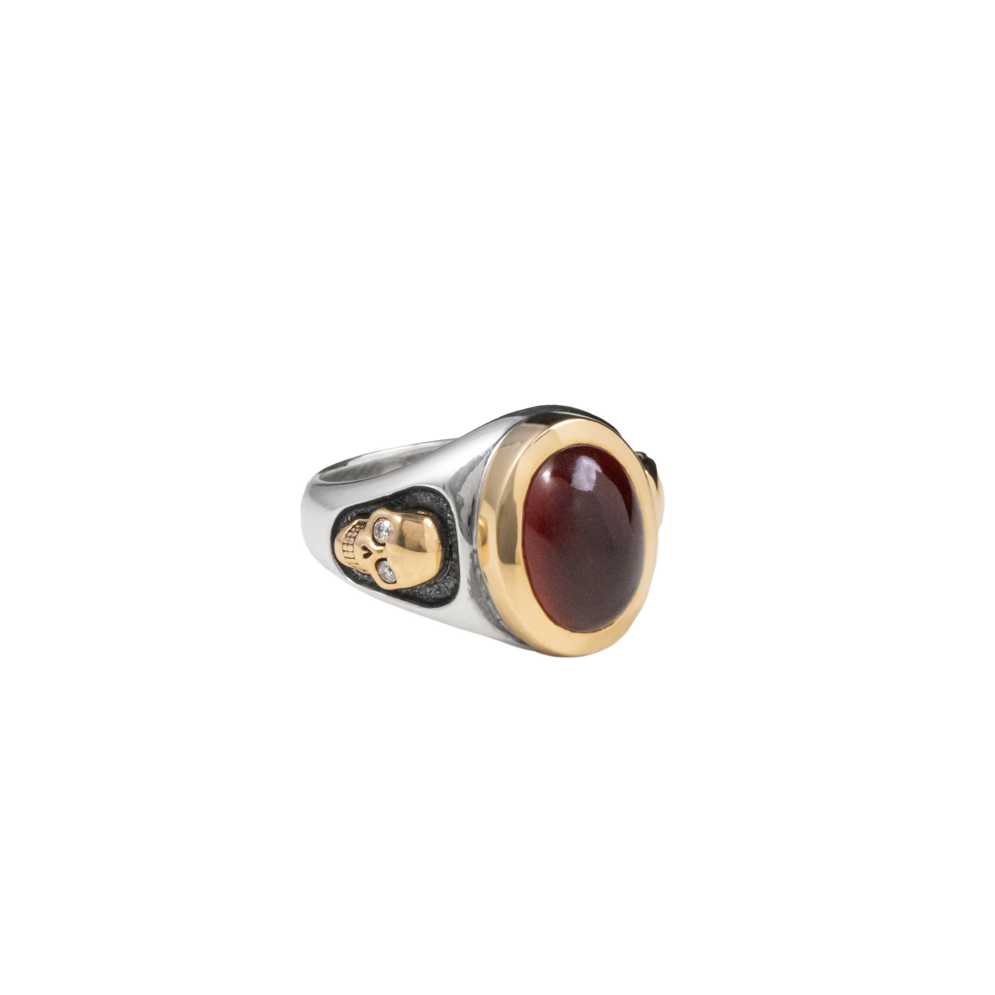 Garnet Oval Stone Ring w/ 10K Gold Skulls and Diamonds
