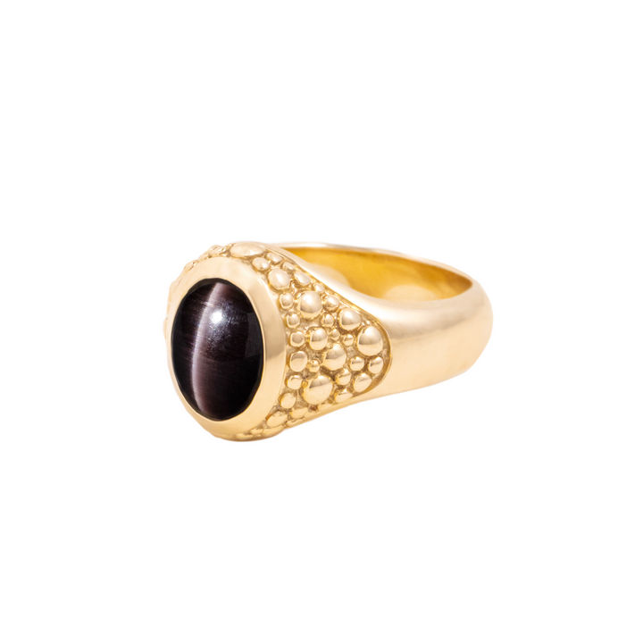 Cat Eye Oval Stone 10K Gold Ring w/ Stingray Texture